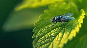 de cerca lustroso mosca en un verde hoja de brillante colores sentado en acanalado superficie en selectivo atención foto