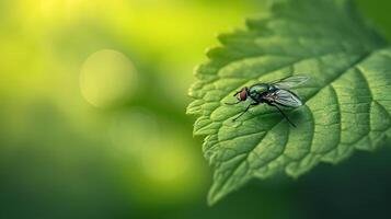 de cerca lustroso mosca en un verde hoja de brillante colores sentado en acanalado superficie en selectivo atención foto