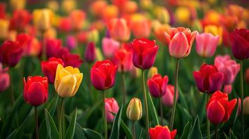 vistoso tulipanes crecer y floración en cerca proximidad a uno otro foto