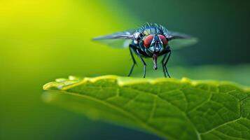 closeup glossy fly on a green leaf of bright colors sitting on ribbed surface in selective focus photo