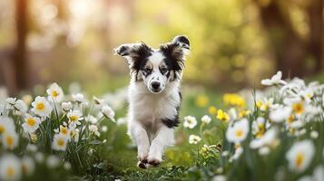 Puppy running across the field in flowers photo