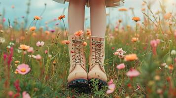 boots in a flower field photo