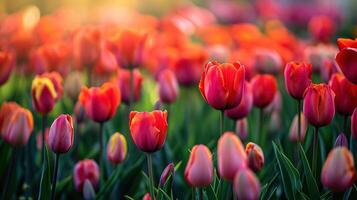 Colorful tulips grow and bloom in close proximity to one another photo