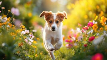 Puppy running across the field in flowers photo