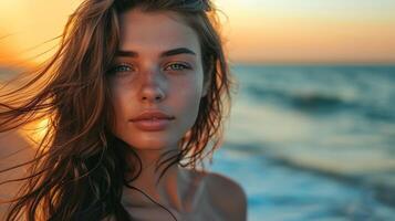 beautiful girl on the seashore in the sunshine portrait close up photo