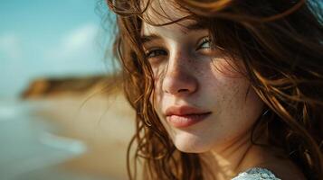 beautiful girl on the seashore in the sunshine portrait close up photo