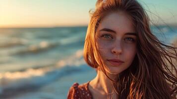 beautiful girl on the seashore in the sunshine portrait close up photo