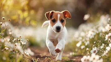 Puppy running across the field in flowers photo