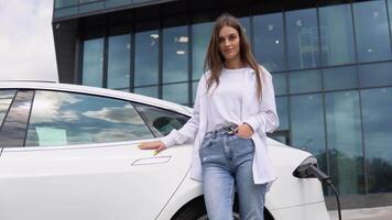 Smiling young caucasian girl plugging electricity cable in electric vehicle for charging on sunny mall parking, selective focus. Lifestyle and ecology concept video