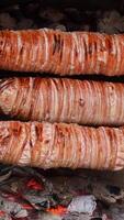 turco rua Comida kokorec fez com ovelha intestino cozinhou dentro madeira disparamos forno. video