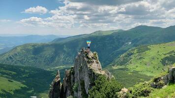 en man är en turist på de topp av en berg med en ukrainska flagga video