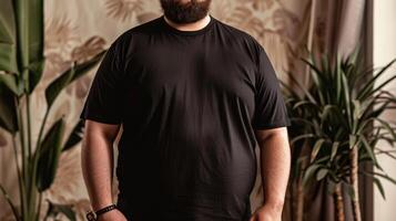 Big size fat adult man model in Blank black T Shirt for design mockup photo