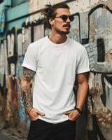 Young Adult man model in Blank white T Shirt for design mockup photo