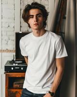 Young Adult man model in Blank white T Shirt for design mockup photo