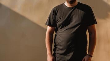 Big size fat adult man model in Blank black T Shirt for design mockup photo