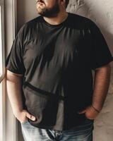 Big size fat adult man model in Blank black T Shirt for design mockup photo