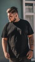 Big size fat adult man model in Blank black T Shirt for design mockup photo