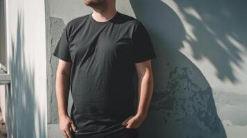 Big size fat adult man model in Blank black T Shirt for design mockup photo