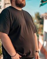 Big size fat adult man model in Blank black T Shirt for design mockup photo