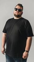 Big size fat adult man model in Blank black T Shirt for design mockup photo