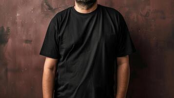 Big size fat adult man model in Blank black T Shirt for design mockup photo