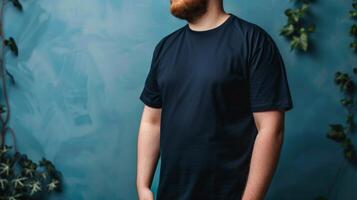 Big size fat adult man model in Blank black T Shirt for design mockup photo