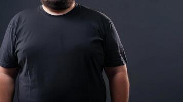 Big size fat adult man model in Blank black T Shirt for design mockup photo