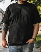 Big size fat adult man model in Blank black T Shirt for design mockup photo