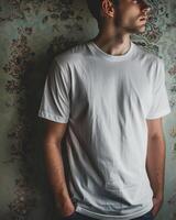 Young Adult man model in Blank white T Shirt for design mockup photo