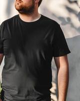 Big size fat adult man model in Blank black T Shirt for design mockup photo