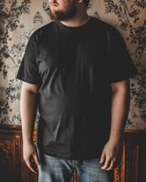 Big size fat adult man model in Blank black T Shirt for design mockup photo