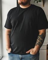 Big size fat adult man model in Blank black T Shirt for design mockup photo