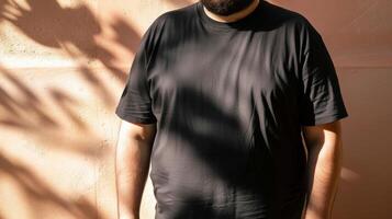 Big size fat adult man model in Blank black T Shirt for design mockup photo