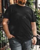 Big size fat adult man model in Blank black T Shirt for design mockup photo