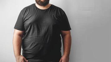 Big size fat adult man model in Blank black T Shirt for design mockup photo