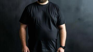 Big size fat adult man model in Blank black T Shirt for design mockup photo