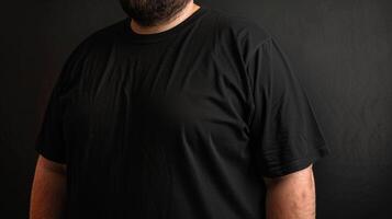 Big size fat adult man model in Blank black T Shirt for design mockup photo