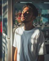 Young Adult man model in Blank white T Shirt for design mockup photo