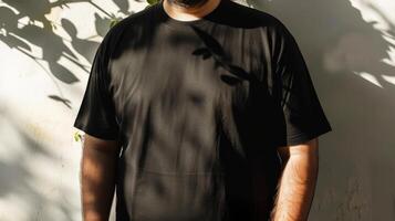 Big size fat adult man model in Blank black T Shirt for design mockup photo