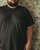 Big size fat adult man model in Blank black T Shirt for design mockup photo