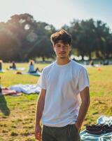 Young Adult man model in Blank white T Shirt for design mockup photo