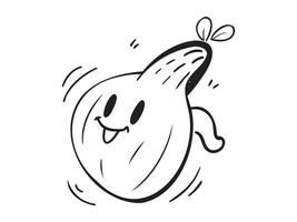 alegre calabaza personaje dibujo. sonriente vegetal con un hoja. concepto de sano comiendo, juguetón comida arte, niños' nutrición educación, y simpático ilustración. aislado en blanco vector