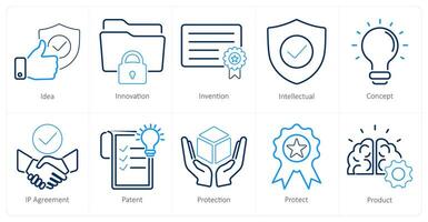 A set of 10 intellectual property icons as idea, innovation, invention vector