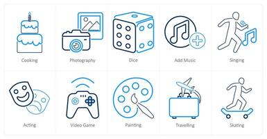 A set of 10 hobby icons as cooking, photography, dice vector