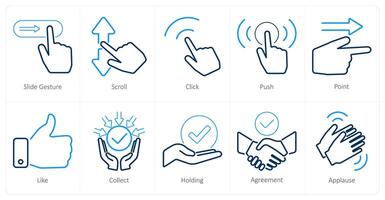 A set of 10 hands icons as slide gesture, scroll, click vector