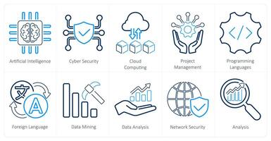 A set of 10 hard skills icons as artificial intelligence, cyber security, cloud computing vector