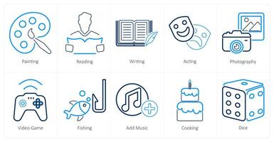 A set of 10 hobby icons as painting, reading, writing vector