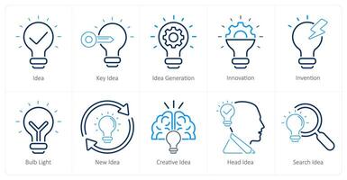 A set of 10 idea icons as idea, key idea, idea generation vector