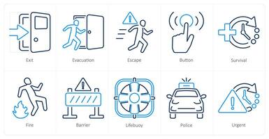 A set of 10 emergency icons as exit, evacuation, escape vector