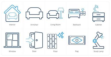 A set of 10 home interior icons as interior, arm chair, living room vector